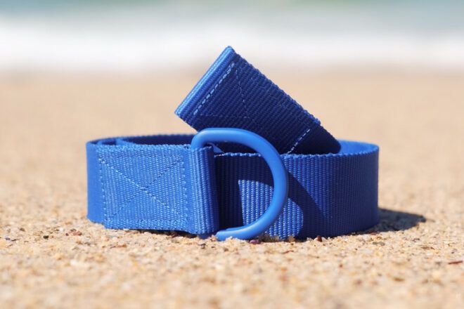 cobalt blue utility belt on a beach