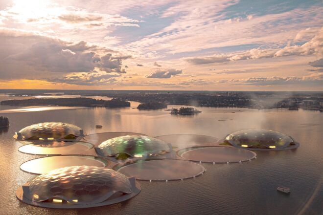 rendering of domes floating on water at sunset