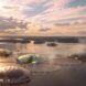 rendering of domes floating on water at sunset