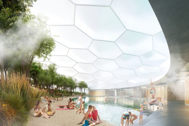 rendering of sauna inside a dome