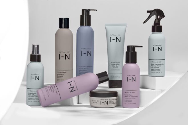 natural skincare and haircare products on white background