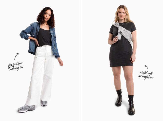 one person wearing black tank top, white jeans and denim jacket; another person wearing black T-shirt dress