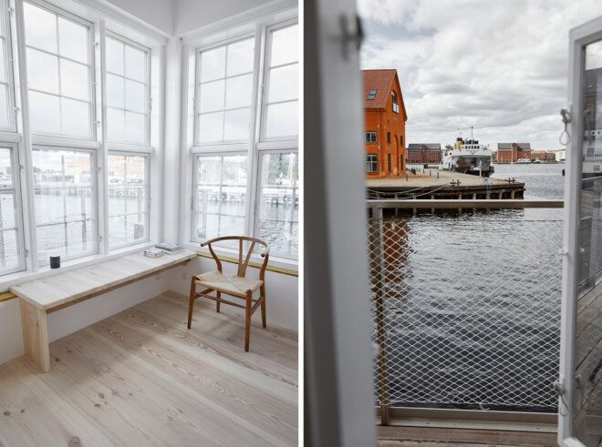chair near houseboat windows revealing harbor views