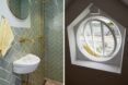 bathroom with green tiles, gold plumbing fixtures and a port window