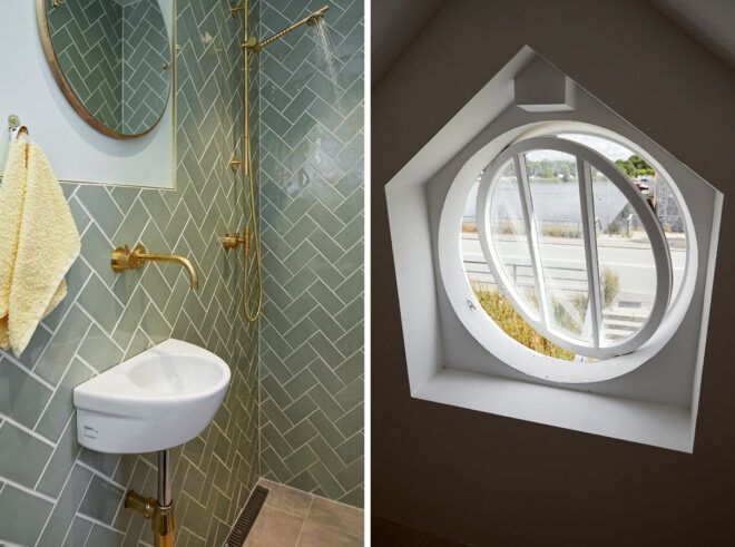 bathroom with green tiles, gold plumbing fixtures and a port window