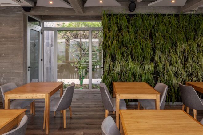 An interior dining area with wood tables and chairs, with a green wall in the background.