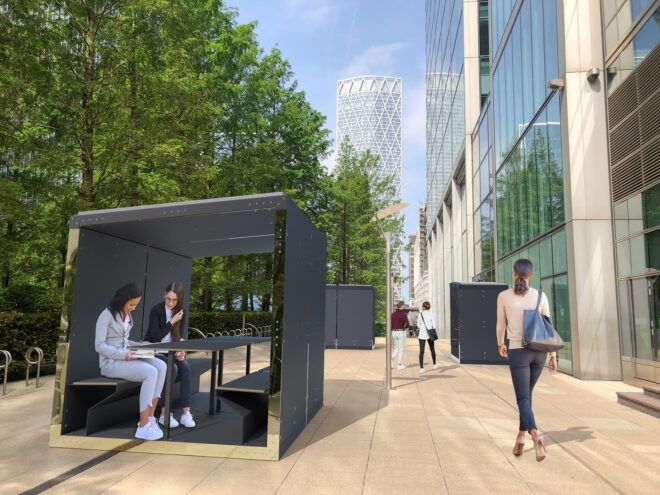 rendering of people working at covered tables in pods
