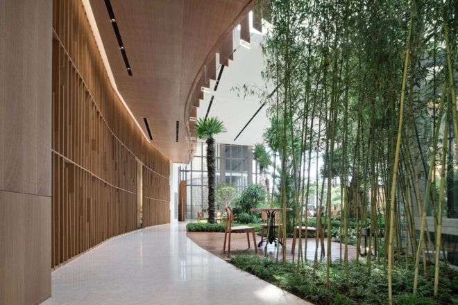 A curved walking path to the left, with greenery and plants to the right.
