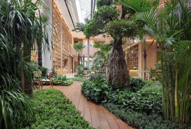 A wood walking path through an indoor rainforest area.