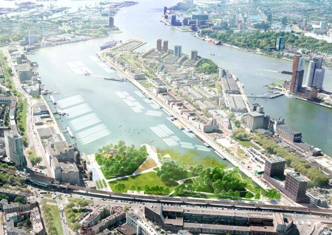 aerial rendering of park near harbor