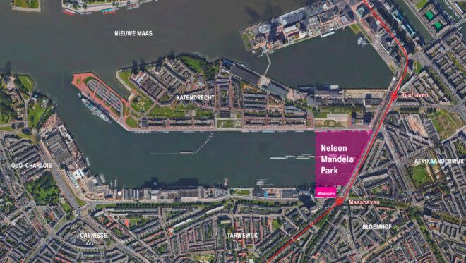 map with highlighted space to depict where new park will go near Rotterdam harbor