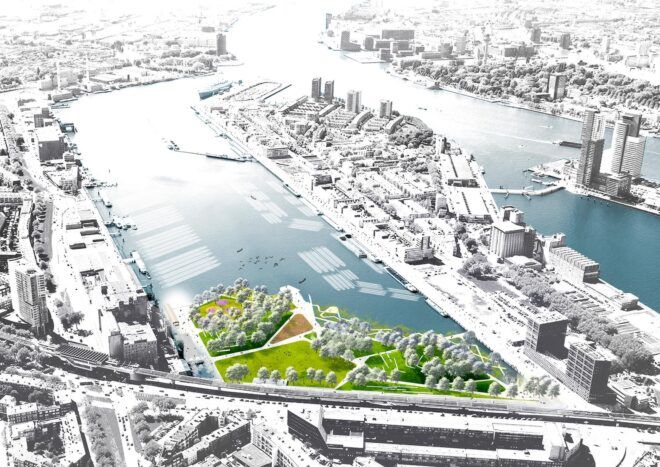 aerial rendering of park near harbor