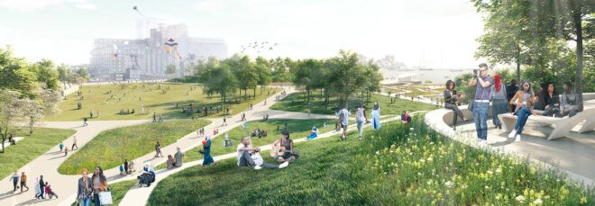 rendering of people relaxing and walking through a large park