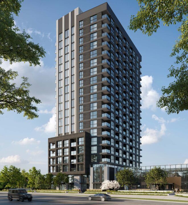 rendering of tall gray building