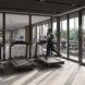 rendering of person running on treadmill next to glass walls overlooking gardens