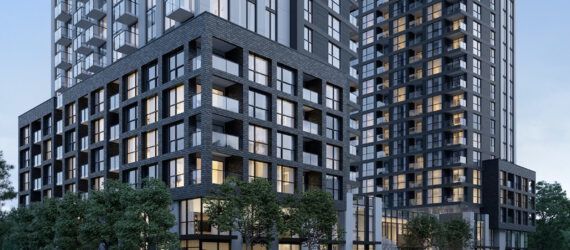 rendering of tall gray building surrounded by trees