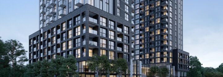 rendering of tall gray building surrounded by trees
