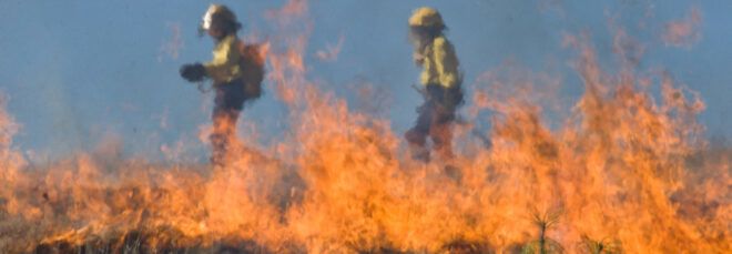 Two firefighters walking past a fire.