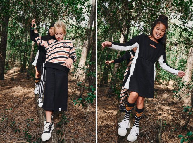 kids wearing striped shirts and dresses