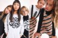 On the left, kids wearing graphic long-sleeve T-shirts. On the right, kids wearing orange, black and white striped overalls.