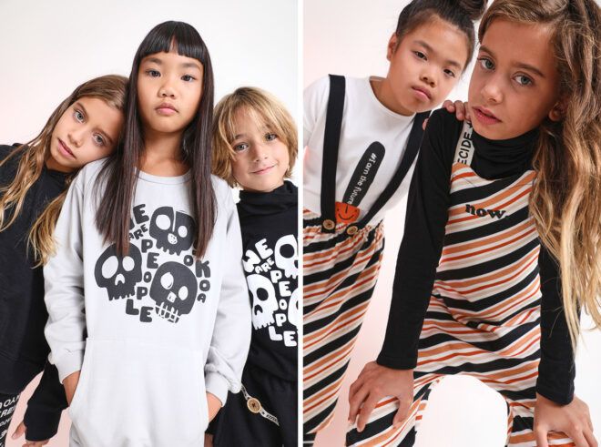 On the left, kids wearing graphic long-sleeve T-shirts. On the right, kids wearing orange, black and white striped overalls.
