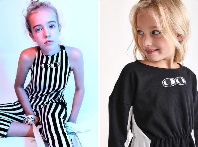 kids wearing jumpsuits with graphic of eyeballs on the front