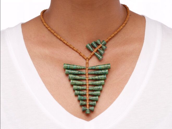 leaf-shaped necklace made of paper beads