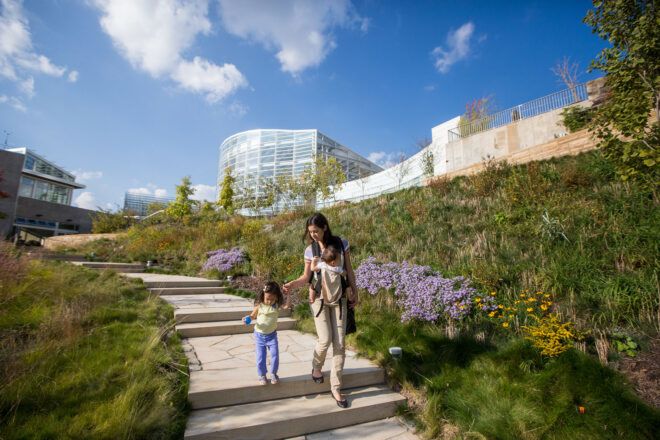 mother and children walking down steps surrounded by plants on both sides