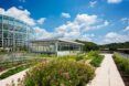 native plants in front of glass greenhouse building