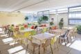 tan desks and colorful chairs inside a classroom