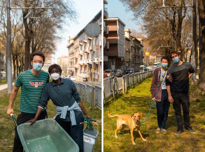 On the left, volunteers with wheelbarrows in a park. On the right, couple and dog pose for photo in park.