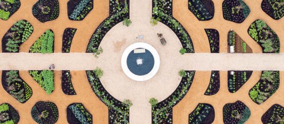 A bird's-eye view of the World Food Garden, showcasing an intricate design with a roundabout in the middle that branches of in four directions to different sections of the garden.