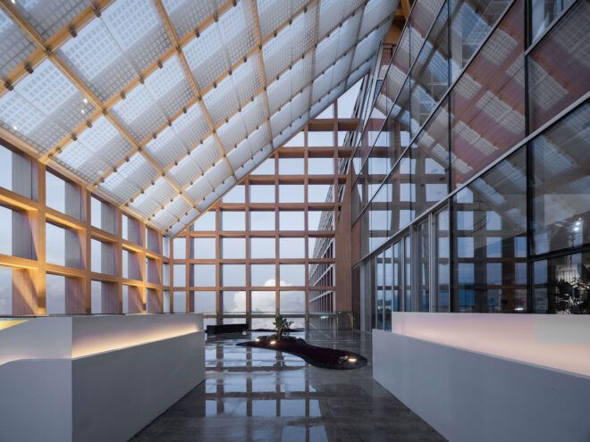 lobby with glass walls and ceilings