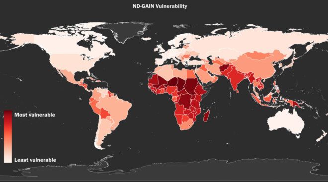 A data map showing which countries are most vulnerable to climate change's effects.