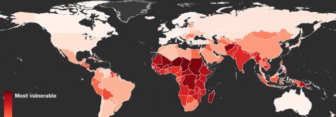 A data map showing which countries are most vulnerable to climate change's effects.