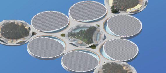 rendering of island made of human-made domes with a forest in the center