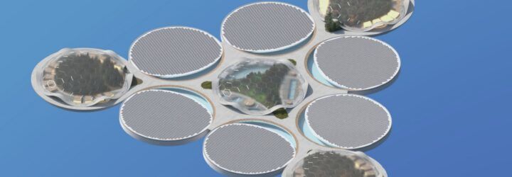 rendering of island made of human-made domes with a forest in the center