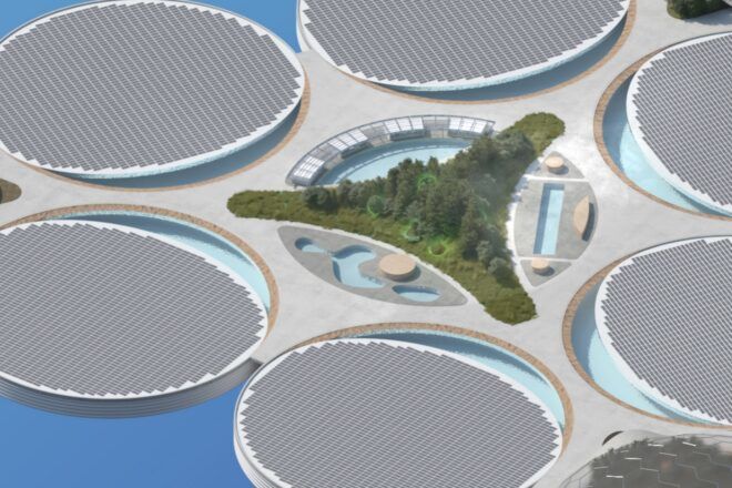 rendering of island made of human-made domes with a forest in the center