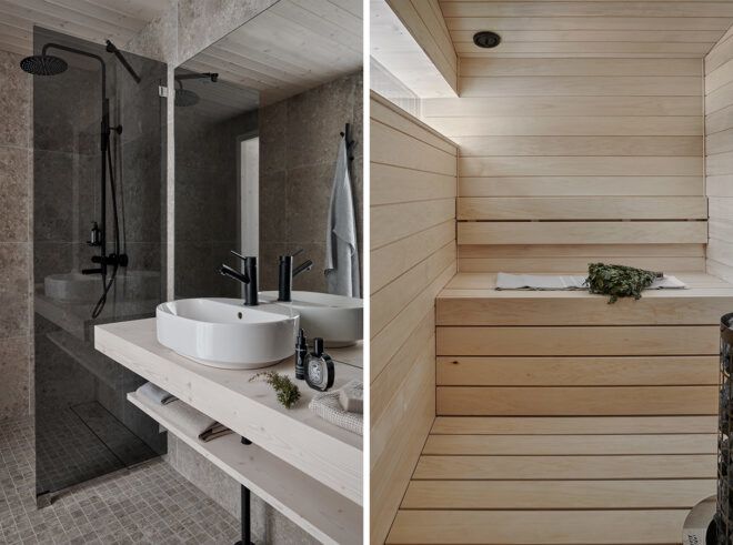 bathroom with dark gray tiles, light wood and sauna