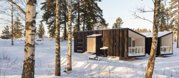 black cabin in snowy forest
