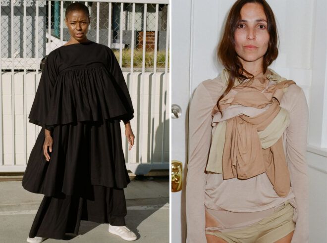 On the left, a person in a full-length black dress. On the right, a person in a strappy shirt in various beige shades.