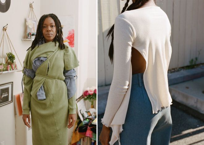 On the left, a person wearing a green and gray strappy dress. On the right, the back of a person wearing a white shirt with cutouts and dark gray pants.