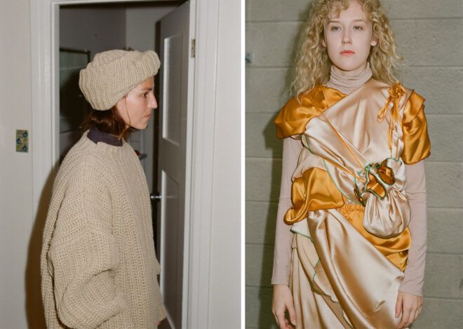 On the left, a person facing right and wearing a beige hat and sweater. On the right, a person wearing a silk orange and peach-colored dress.