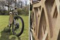 To the left, a wooden e-bike on a grassy lawn. To the right, a close-up of the wooden design.