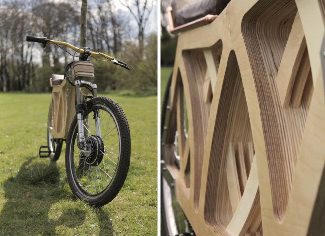 To the left, a wooden e-bike on a grassy lawn. To the right, a close-up of the wooden design.