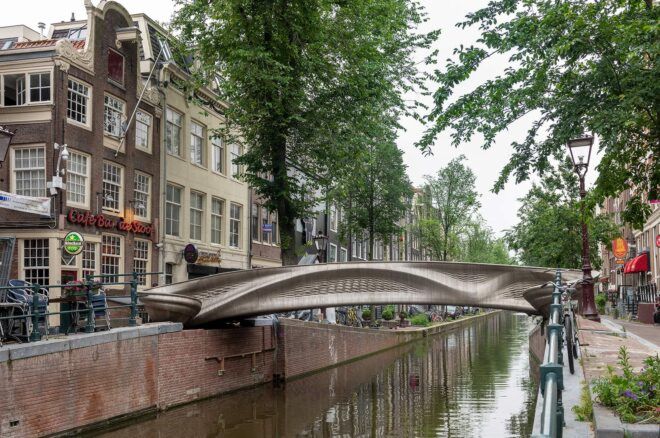 3D-printed metal bridge over canal in Amsterdam