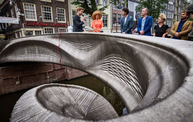 close-up of curved 3d-printed metal bridge