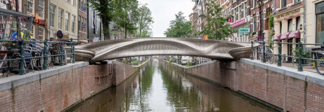 3D-printed metal bridge over canal in Amsterdam