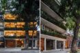 To the left, a streetview of the building, showing terraces on each floor it up by connected floor-to-ceiling windows. To the right, an angled view of the bottom level of the building.