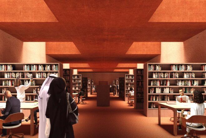 People walking through a library with orange ceilings and floors.